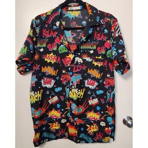 V.H.O. Men's Graphic Button Down Med Comic Book Hawaiin Superhero Whimsical
